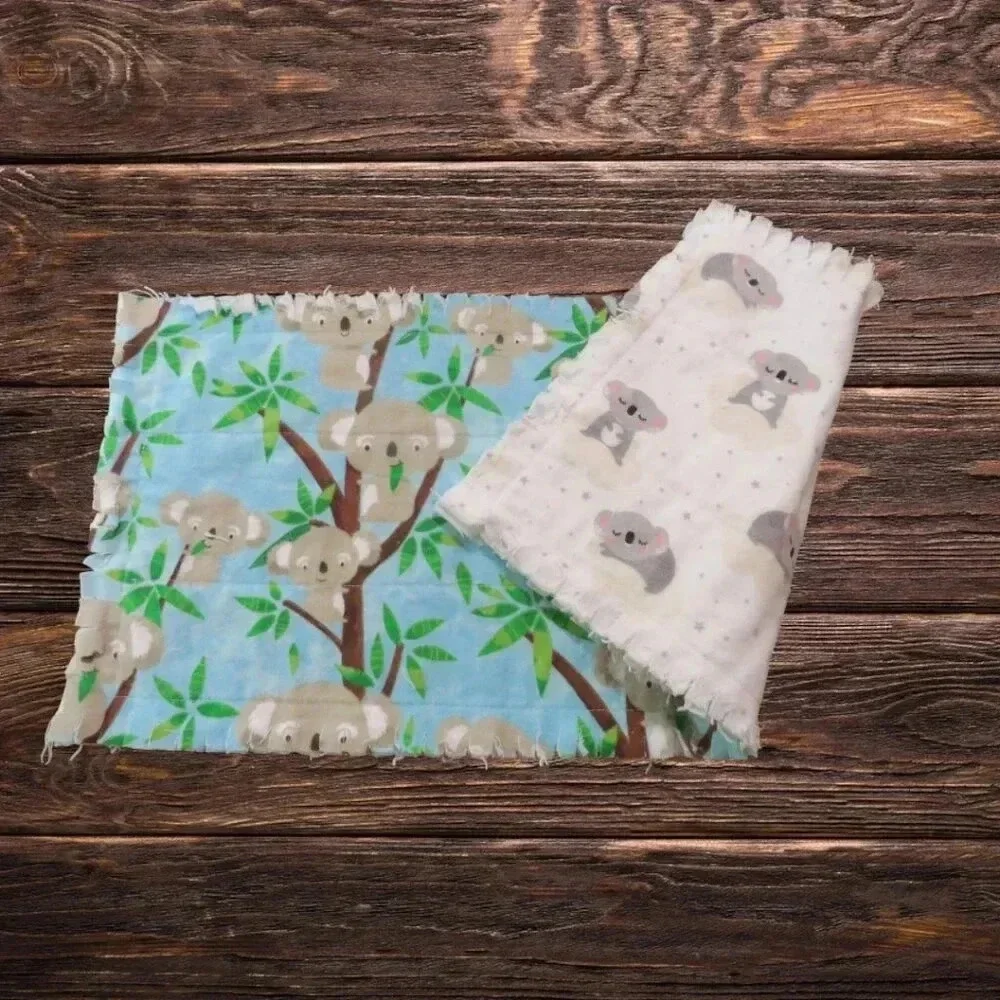Burp Cloth, Flannel Rag Quilt Style, Reversible Koala Bears, Set of 4